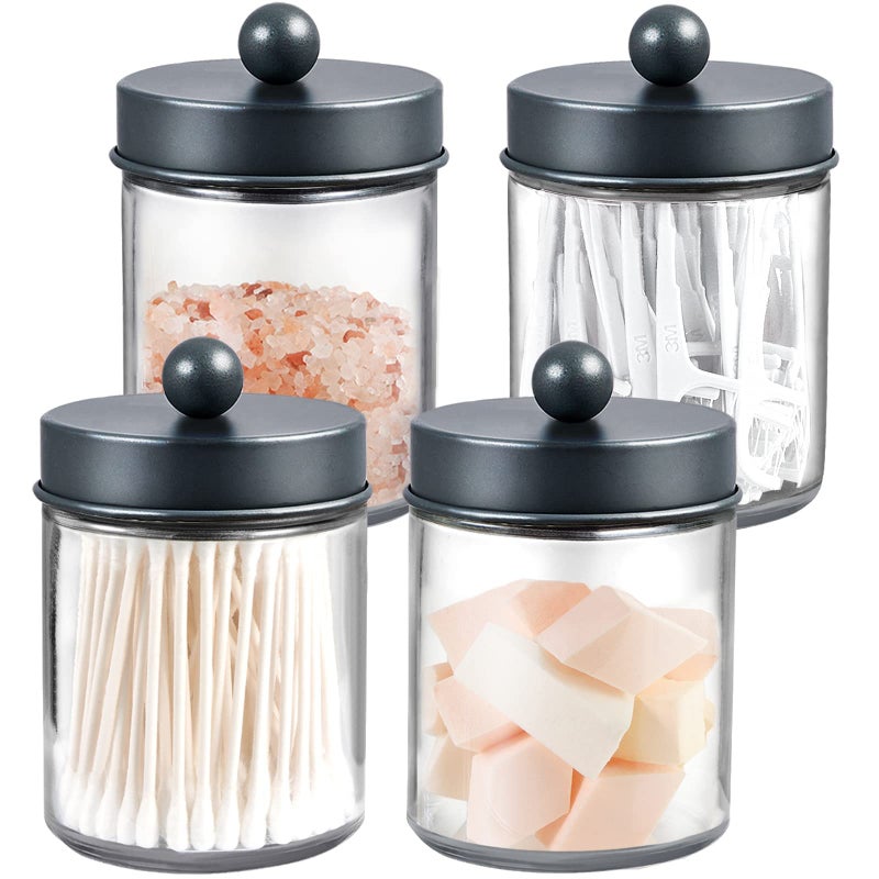 Amolliar 4 Pack Apothecary Jars Bathroom Vanity Storage Organizer Set Countertop Canister with Stainless Steel Lids Cute Stickers  Qtip Dispenser Holder for QtipsCotton SwabsMakeup Sponges Grey