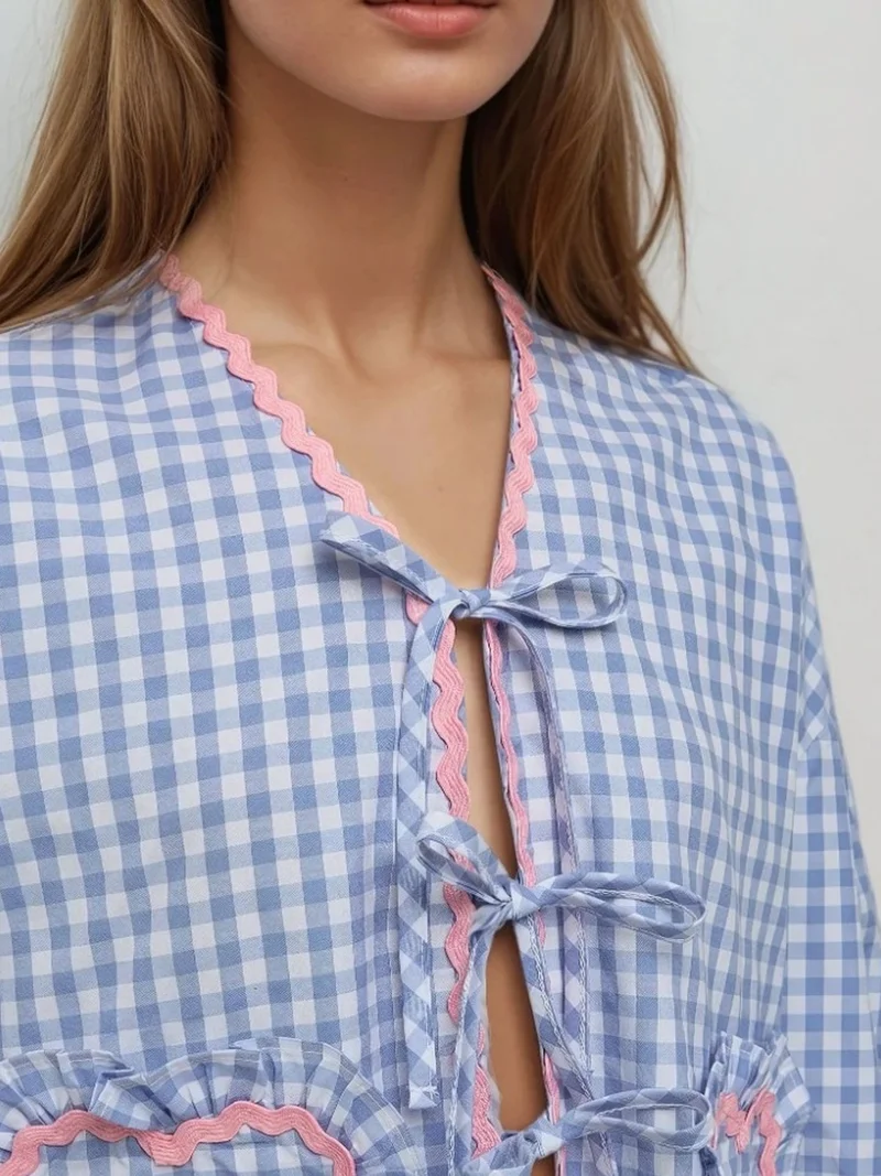 Long Sleeve Plaid Shirt Collar Top with Heart Detail