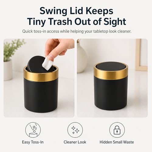 JILLICK Mini Trash Can with Lid, Small Metal Desktop Trash Bin with Swing Lid, 1.5L / 0.4 Gal Countertop Waste Bin for Desk, Vanity, Bathroom, Coffee Bar and Office, Black - Image 5