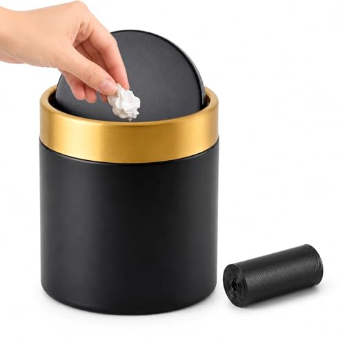 JILLICK Mini Trash Can with Lid, Small Metal Desktop Trash Bin with Swing Lid, 1.5L / 0.4 Gal Countertop Waste Bin for Desk, Vanity, Bathroom, Coffee Bar and Office, Black - Image 1