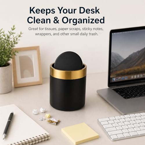 JILLICK Mini Trash Can with Lid, Small Metal Desktop Trash Bin with Swing Lid, 1.5L / 0.4 Gal Countertop Waste Bin for Desk, Vanity, Bathroom, Coffee Bar and Office, Black - Image 3