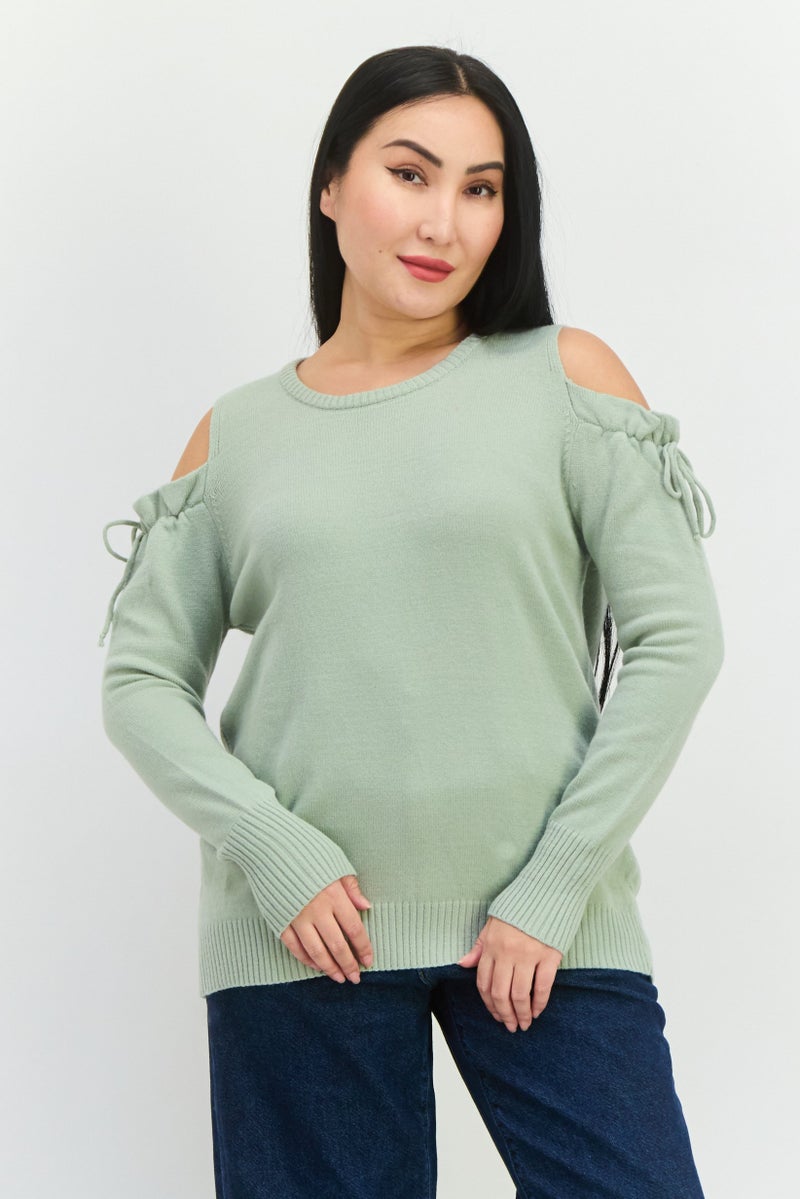 POOF سويت شيرت محبوك بياقة دائرية للنساء، أخضر نعناعي - Image 1