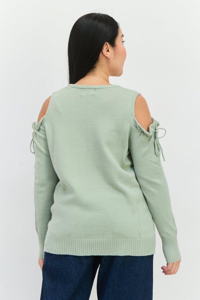 POOF سويت شيرت محبوك بياقة دائرية للنساء، أخضر نعناعي - Image 2
