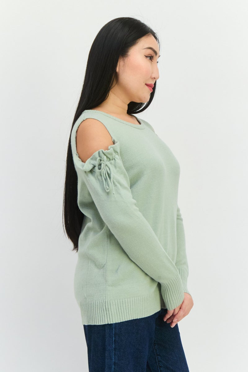 POOF سويت شيرت محبوك بياقة دائرية للنساء، أخضر نعناعي - Image 3