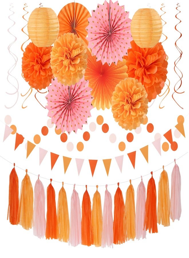Hugtmr Fall-Boho Pink-Orange Thanksgiving Party-Decorations - 33pcs Autumn Friendsgiving Banner,Streamers Tassel Garland,Birthday Tissue Pom Poms, Paper Lantern Fans,Baby Bridal Shower Hanging Decor Hugtmr - Image 1