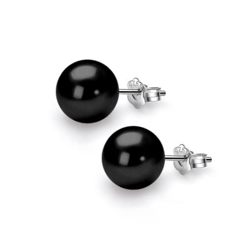 HIGHSPARK 925 Silver Classic Pearl Earrings for Women | 92.5 Sterling Silver & Brilliant Lustre Pearls | Lovely Gift for Women - Pearl Black 10mm - Image 1