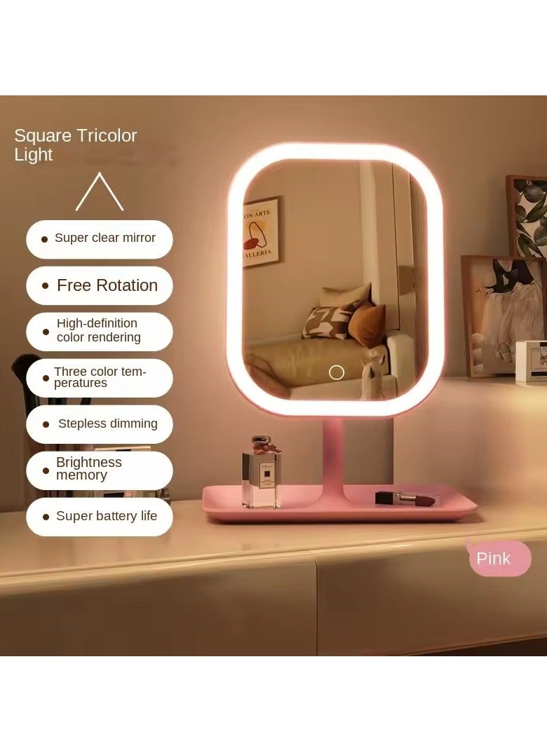 مرآة مكياج حديثة باللون الوردي مع صينية تخزين 3 ألوان ضوء LED مرآة تجميل مكتبية - Image 1