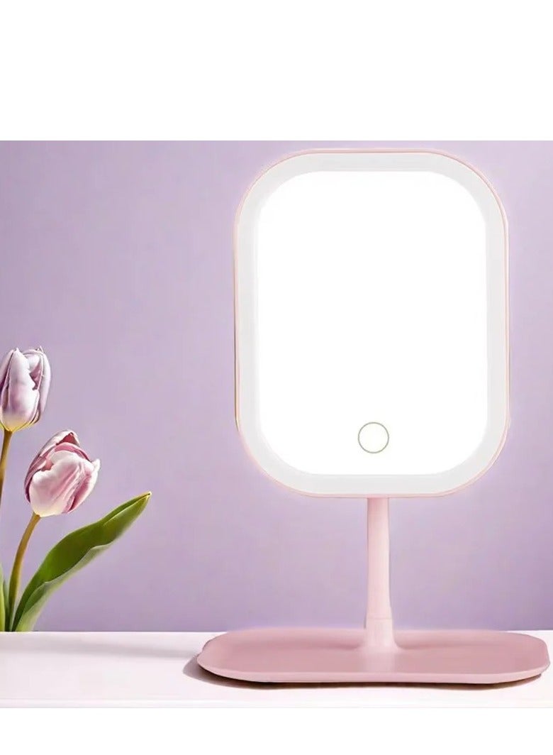 مرآة مكياج حديثة باللون الوردي مع صينية تخزين 3 ألوان ضوء LED مرآة تجميل مكتبية - Image 3