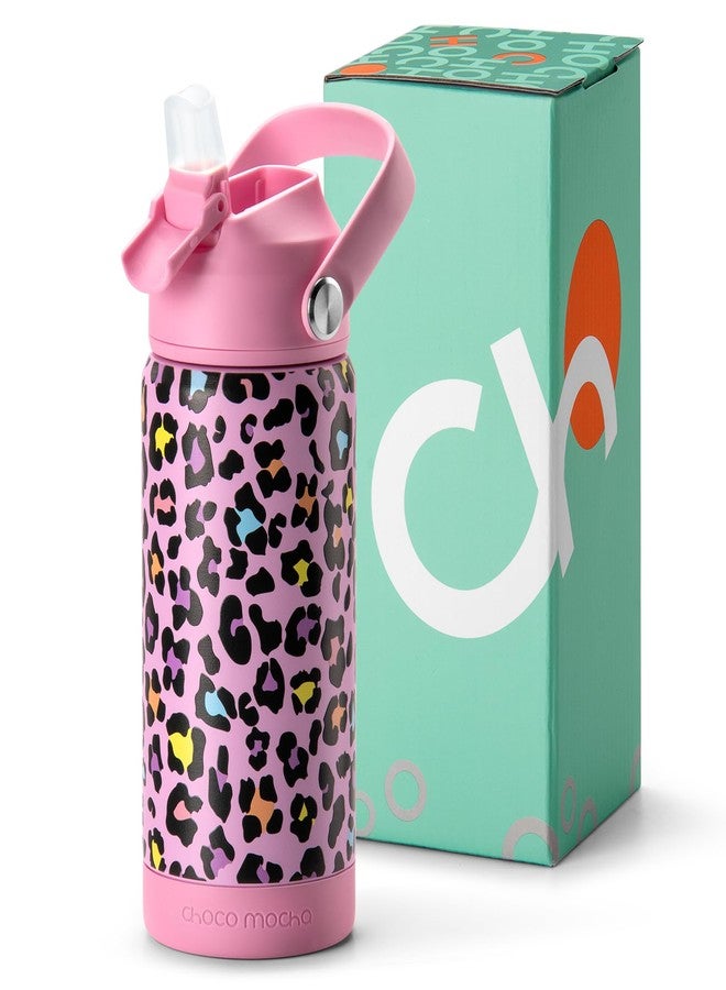 Choco Mocha زجاجة ماء معزولة للأطفال من شوكو موكا للبنات مع شفاطة، مصنوعة من الفولاذ المقاوم للصدأ، مزودة بمقبض، مانعة للتسرب، سعة 14 أونصة، بنقشة جلد النمر الوردي. - Image 1