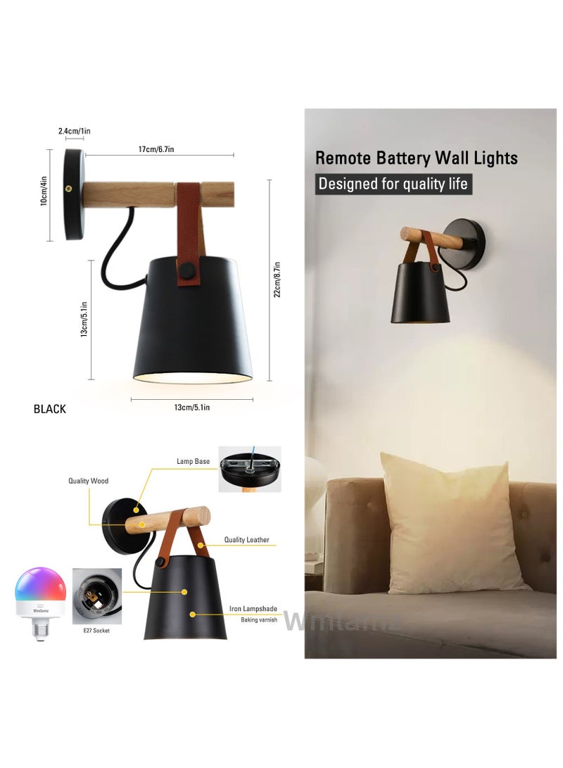 Wmlamz 2pcs Battery Operated Black Wall Lights With Remote, Non Hardwired Study Porch Stair Bedroom Lamps - Image 5