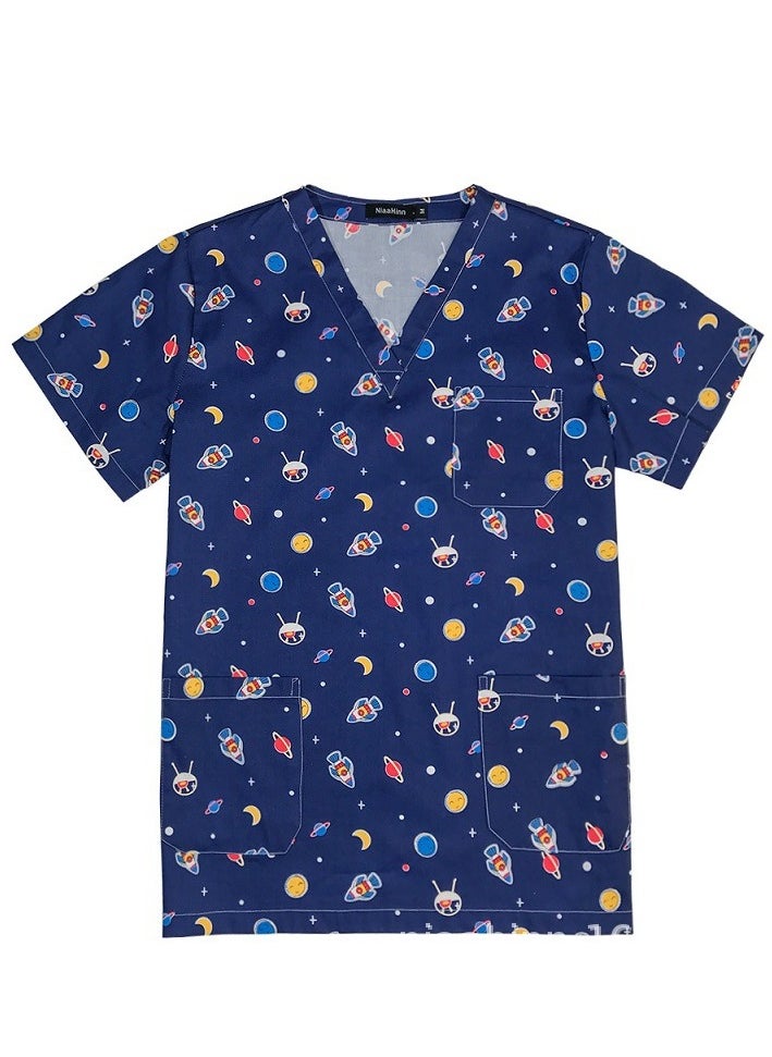 Loquat Unisex Printed V-Neck Medical Uniform Scrubs Top for Women/Men Workwear 