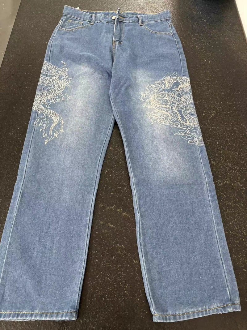Generic American Style Retro Street Skateboard Hip-hop Loose Embroidered All-match Jeans Mens Big Dad Trendy Wide-leg Pants ins Figure Color