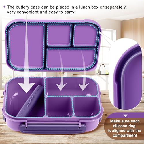 Amathley Lunch Box Kids,Bento Box Adult,Leakproof Lunch Containers for Adults/Kids/Toddler,1200ML-4 Compartments bento Lunch box with Utensil,Microwave & Dishwasher & Freezer Safe (Purple) - Image 4