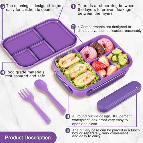 Amathley Lunch Box Kids,Bento Box Adult,Leakproof Lunch Containers for Adults/Kids/Toddler,1200ML-4 Compartments bento Lunch box with Utensil,Microwave & Dishwasher & Freezer Safe (Purple) - Image 3