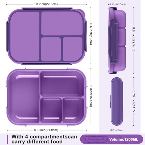 Amathley Lunch Box Kids,Bento Box Adult,Leakproof Lunch Containers for Adults/Kids/Toddler,1200ML-4 Compartments bento Lunch box with Utensil,Microwave & Dishwasher & Freezer Safe (Purple) - Image 2
