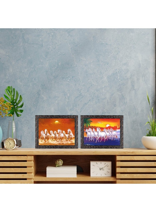 Indianara Indianara Combo (Set of 2) Vastu Seven Running Horses with Sunrise Framed wall Painting with Table Top 5055TTGBN (8 ix 6 inch) -WITH FRAME & GLASS - Image 1