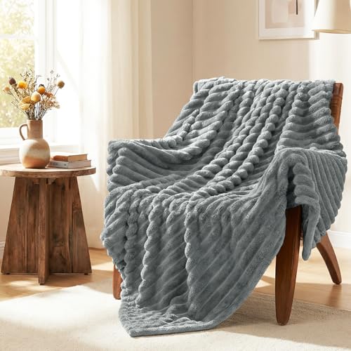 HIMEET Grey Ribbed Throw Blanket for Couch - 300GSM Lightweight Soft Fleece Blanket for Women Men, Cozy Blankets for Mothers Gifts, Striped Spring Home Room Decor, Grey, 50x60 Inches - Image 2