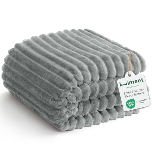 HIMEET Grey Ribbed Throw Blanket for Couch - 300GSM Lightweight Soft Fleece Blanket for Women Men, Cozy Blankets for Mothers Gifts, Striped Spring Home Room Decor, Grey, 50x60 Inches - Image 1
