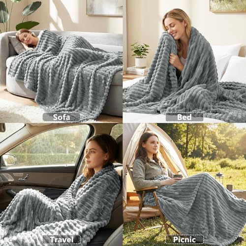HIMEET Grey Ribbed Throw Blanket for Couch - 300GSM Lightweight Soft Fleece Blanket for Women Men, Cozy Blankets for Mothers Gifts, Striped Spring Home Room Decor, Grey, 50x60 Inches - Image 5