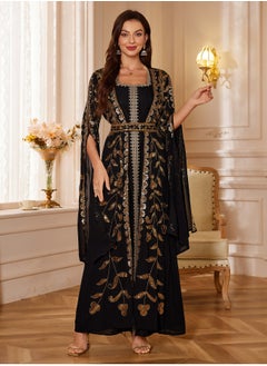 Madam Uniq Moroccan Kaftan Abaya Golden Lace Dress Embroidered Islamic Ramadan Eid Dress Sequin Dress Two-Piece  - Image 1