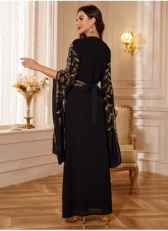 Madam Uniq Moroccan Kaftan Abaya Golden Lace Dress Embroidered Islamic Ramadan Eid Dress Sequin Dress Two-Piece  - Image 2