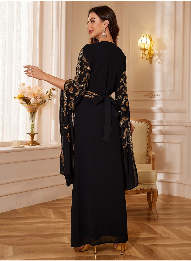 Madam Uniq - Moroccan Kaftan Abaya Golden Lace Dress Embroidered Islamic Ramadan Eid Dress Sequin Dress Two-Piece - Image 1