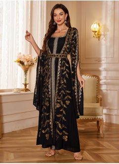 Madam Uniq Moroccan Kaftan Abaya Golden Lace Dress Embroidered Islamic Ramadan Eid Dress Sequin Dress Two-Piece  - Image 3