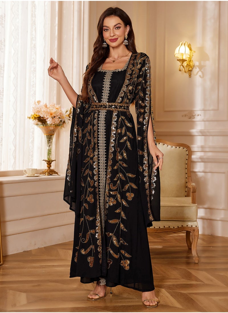 Madam Uniq - Moroccan Kaftan Abaya Golden Lace Dress Embroidered Islamic Ramadan Eid Dress Sequin Dress Two-Piece - Image 1