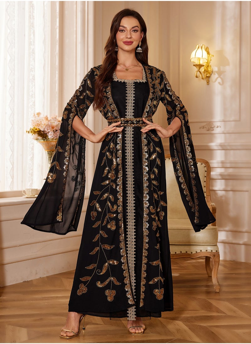 Madam Uniq - Moroccan Kaftan Abaya Golden Lace Dress Embroidered Islamic Ramadan Eid Dress Sequin Dress Two-Piece - Image 1