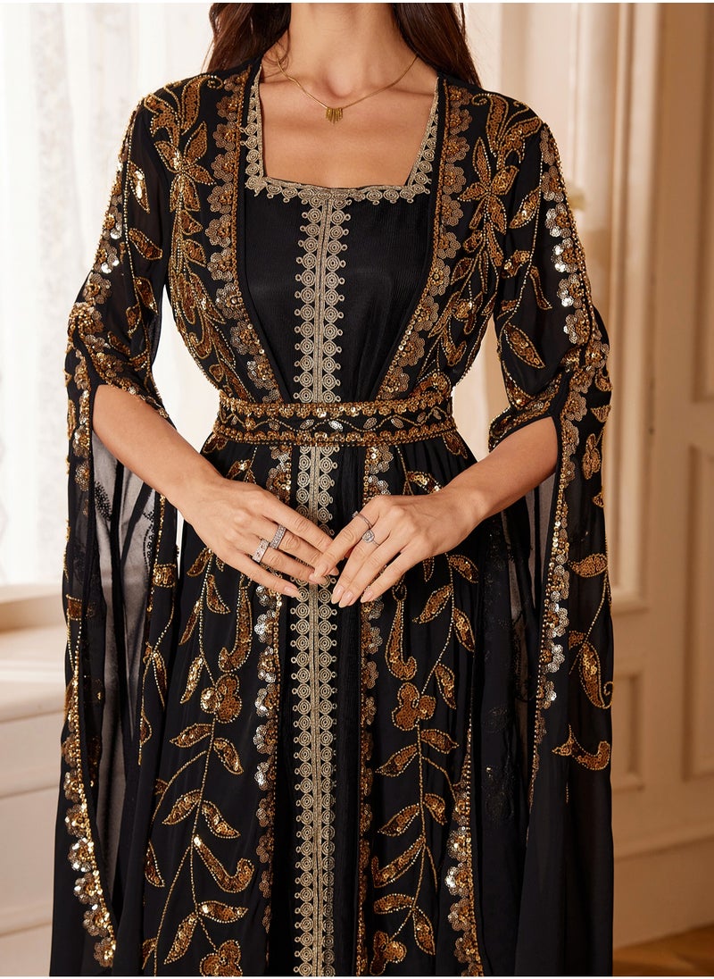 Madam Uniq - Moroccan Kaftan Abaya Golden Lace Dress Embroidered Islamic Ramadan Eid Dress Sequin Dress Two-Piece - Image 1