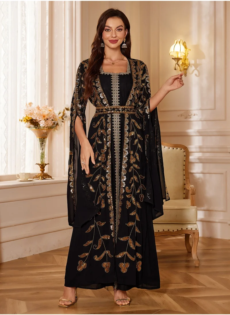 Madam Uniq Moroccan Kaftan Abaya Golden Lace Dress Embroidered Islamic Ramadan Eid Dress Sequin Dress Two-Piece