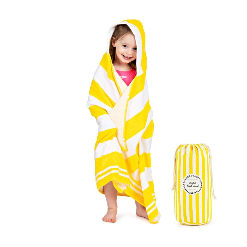 Premium Hooded Beach Towel for Kids Aged 310  Drawstring Carry Bag Included  Size 30x50  Classic Childrens Beach Towels for Girls and Boys  100 Cotton Kids Beach Towel Sunshine Yellow