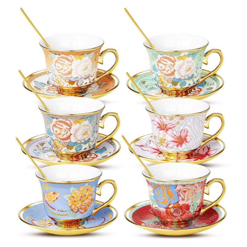 XRBEOU Tea Cups and Saucers, Tea Cup Set of 6, 8 OZ Floral Cups Porcelain Cup Set for Cappuccino, Coffee, Afternoon Tea Birthday Party Supply Housewarming Gift - Image 1