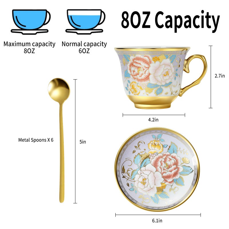 XRBEOU Tea Cups and Saucers, Tea Cup Set of 6, 8 OZ Floral Cups Porcelain Cup Set for Cappuccino, Coffee, Afternoon Tea Birthday Party Supply Housewarming Gift - Image 2