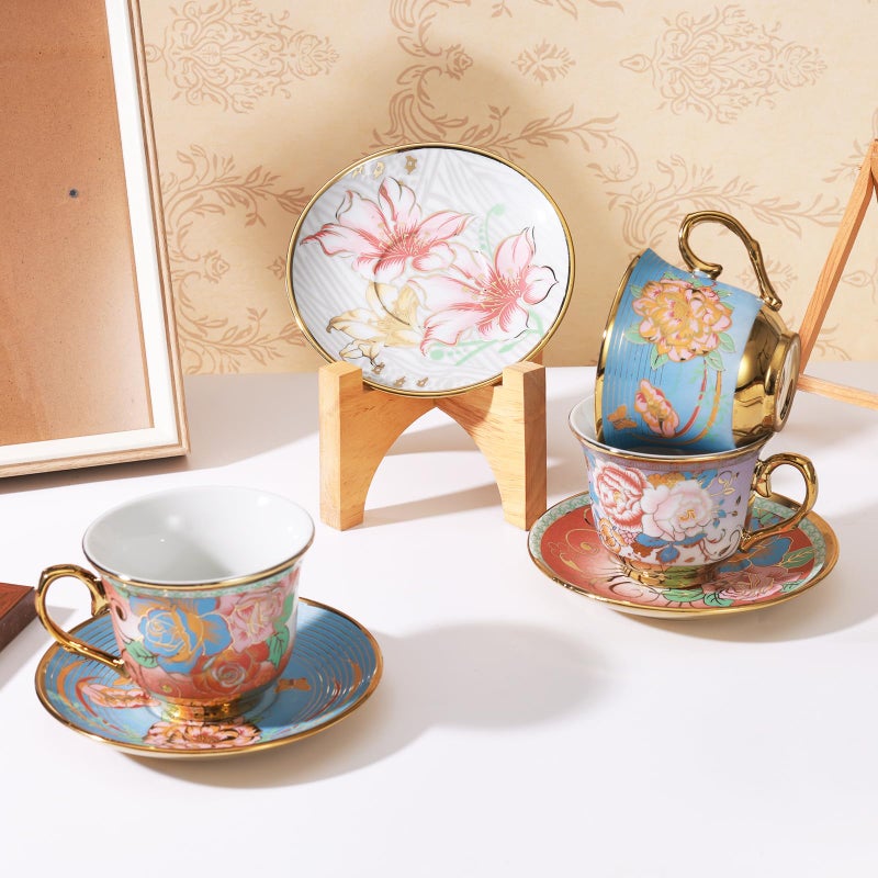 XRBEOU Tea Cups and Saucers, Tea Cup Set of 6, 8 OZ Floral Cups Porcelain Cup Set for Cappuccino, Coffee, Afternoon Tea Birthday Party Supply Housewarming Gift - Image 3