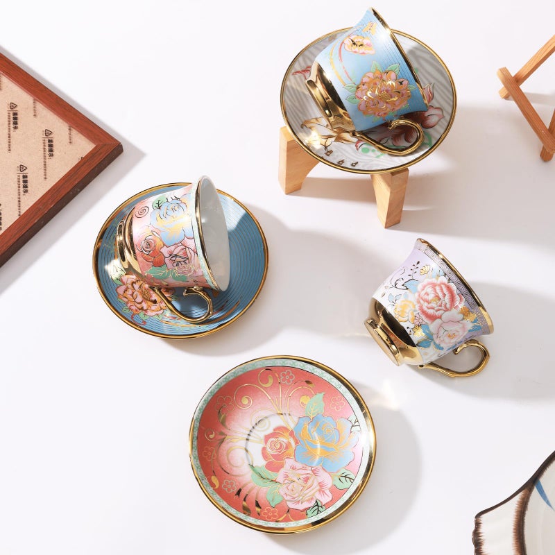 XRBEOU Tea Cups and Saucers, Tea Cup Set of 6, 8 OZ Floral Cups Porcelain Cup Set for Cappuccino, Coffee, Afternoon Tea Birthday Party Supply Housewarming Gift - Image 5