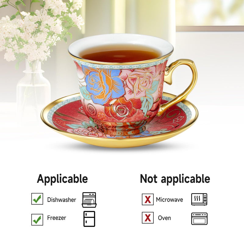 XRBEOU Tea Cups and Saucers, Tea Cup Set of 6, 8 OZ Floral Cups Porcelain Cup Set for Cappuccino, Coffee, Afternoon Tea Birthday Party Supply Housewarming Gift - Image 4