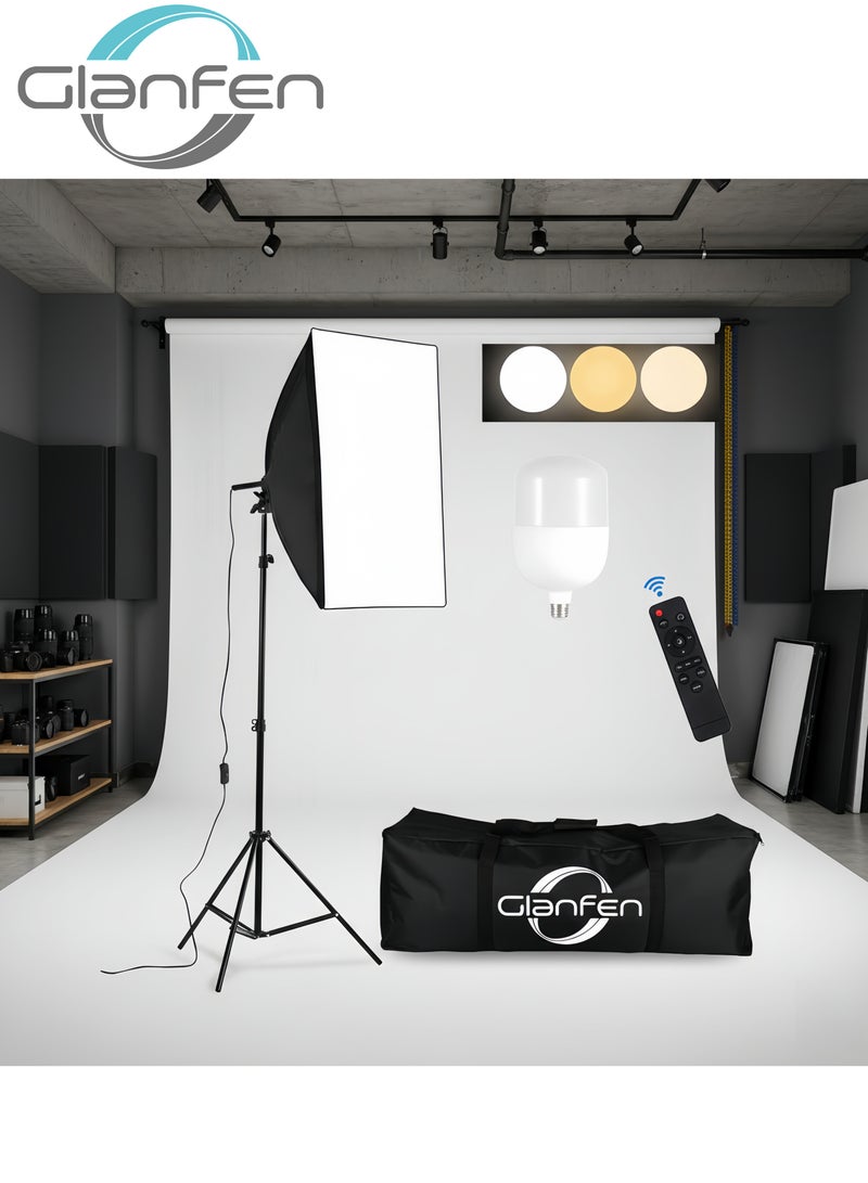 غرانفين طقم إضاءة صندوق إضاءة للتصوير الفوتوغرافي، 200 واط 3000 كلفن - 6500 كلفن لمبات درجة الحرارة 3 ألوان مع جهاز تحكم عن بعد، 1 * صندوق إضاءة 70 × 70 سم، 1 * حامل ثلاثي القوائم، 1 * حقيبة حمل لالتقاط صور المنتج - Image 1