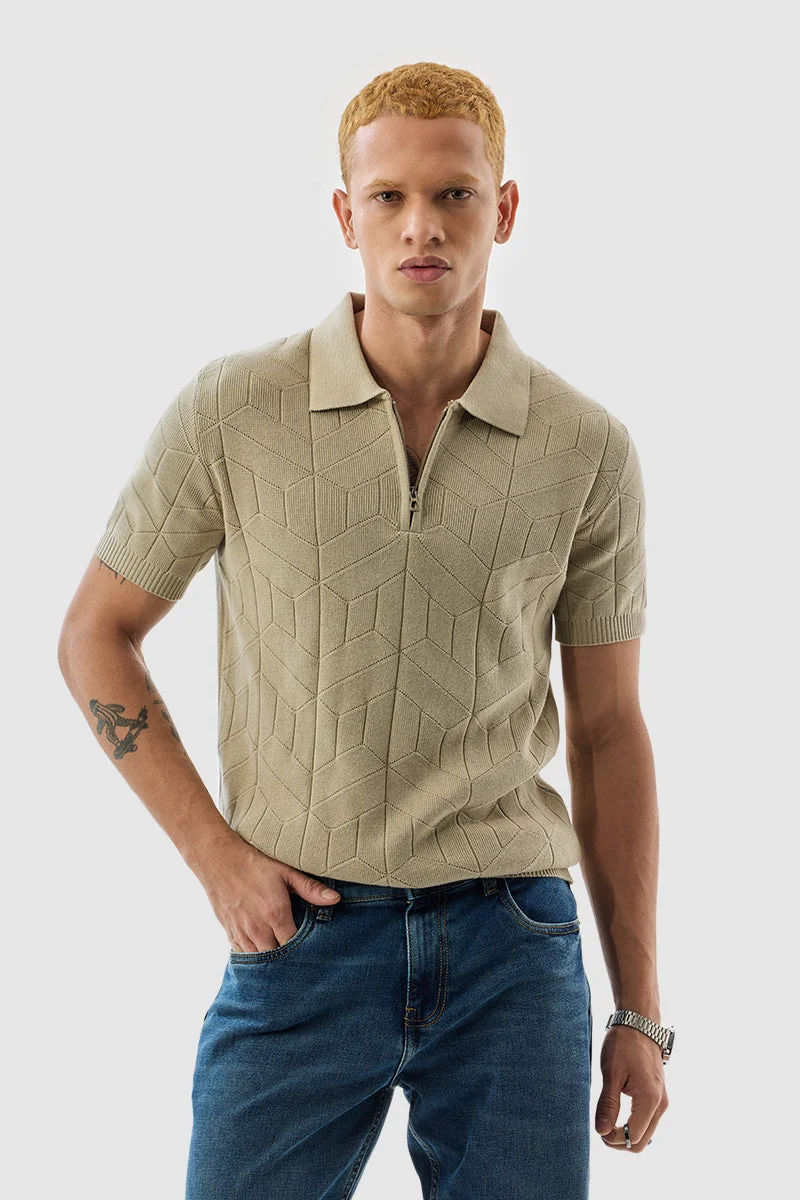 سنيتش Beige Textured Half Sleeve Slim Fit Casual T-Shirt