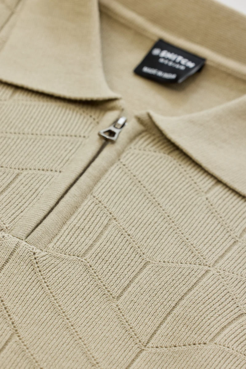 سنيتش Beige Textured Half Sleeve Slim Fit Casual T-Shirt