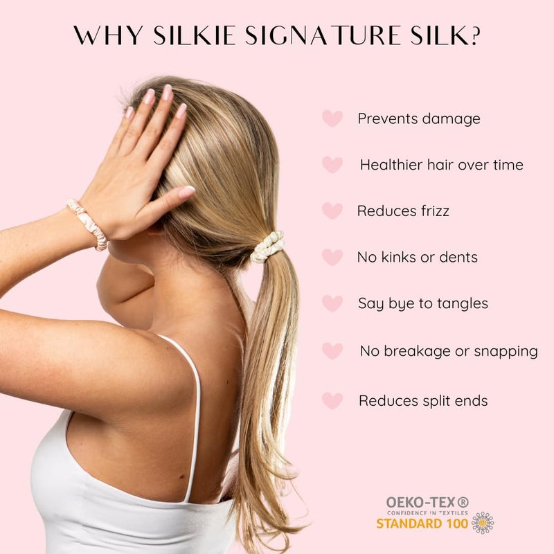 Silkie مجموعة SILKIE x4 من 100% حرير توت بري بني، رباطات شعر رفيعة، حقيبة سفر، رباطات شعر يومية، مر elastics، حامل ذيل حصان بدون ضرر (براون)  - Image 3