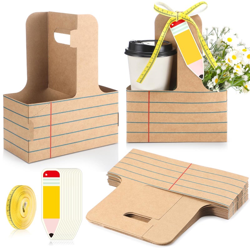 Reallnaive 24 Set Teacher Appreciation Gifts 2 Cup Drink Carrier with Greeting Card Ribbon Disposable Cup Holders with Handle for Party Favors(Stripe,Brown) - Image 1