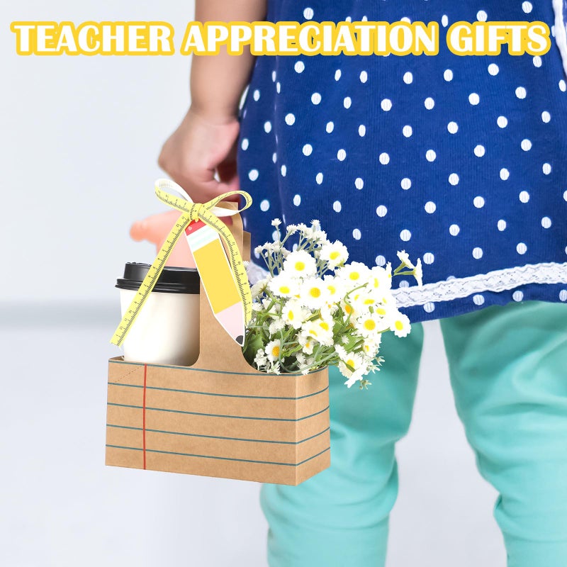 Reallnaive 24 Set Teacher Appreciation Gifts 2 Cup Drink Carrier with Greeting Card Ribbon Disposable Cup Holders with Handle for Party Favors(Stripe,Brown) - Image 5
