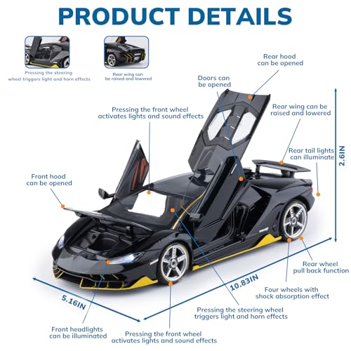 FRJV Toy Cars 118 Diecast Cars LP770 Metal Sports Car Model Car KitsCarros De Coleccion for Adults and KidsPull Back Cars with Lights and SoundsBig Toy Cars for Boys Age 47Black - Image 5