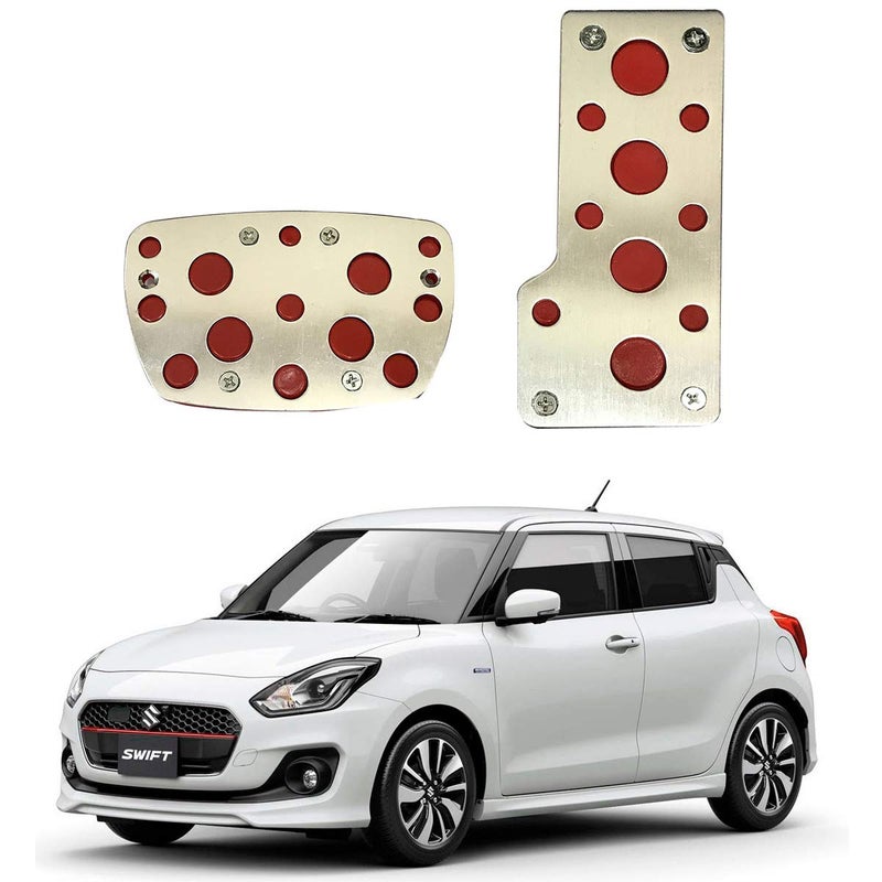 Oshotto 2 Pcs Non-Slip Automatic Transmission CS-04 Car Pedals Kit Pad Covers Set Compatible with Maruti Suzuki Swift (Red, Chrome) - Image 1