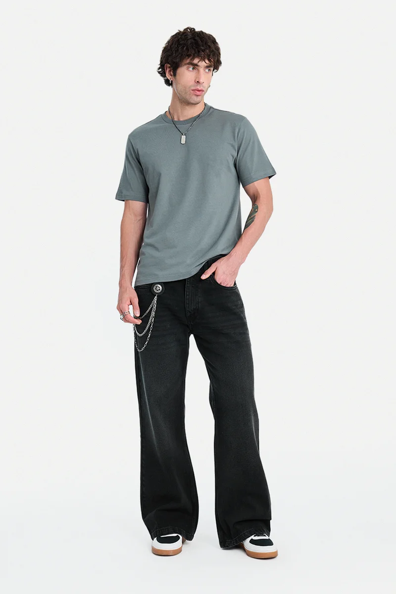 سنيتش Grey Solid Half Sleeve Regular Fit Casual T-Shirt