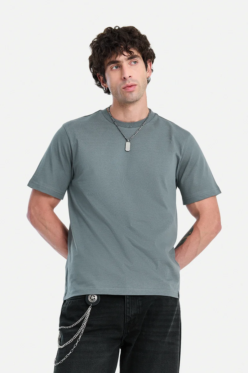 سنيتش Grey Solid Half Sleeve Regular Fit Casual T-Shirt