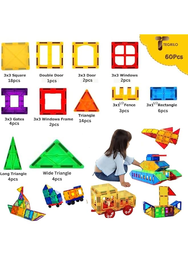 TEGRILO 60 Pcs Magnetic Blocks 3D Kids Building Blocks Set Magnetic Building Construction Educational Stem Toys For Toddler - Image 3
