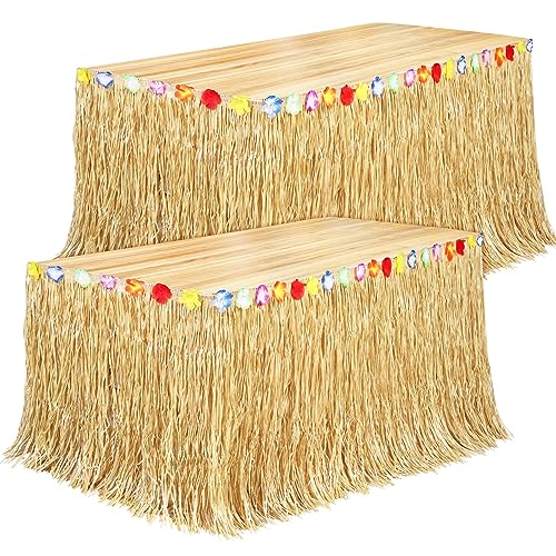 Fovths 2 Pack Luau Grass Table Skirt Natural 9 Feet x 29.5 Inch Hawaiian Table Skirt for Tropical Hawaiian Party Decorations Luau Costume Party, Straw Yellow - Image 1