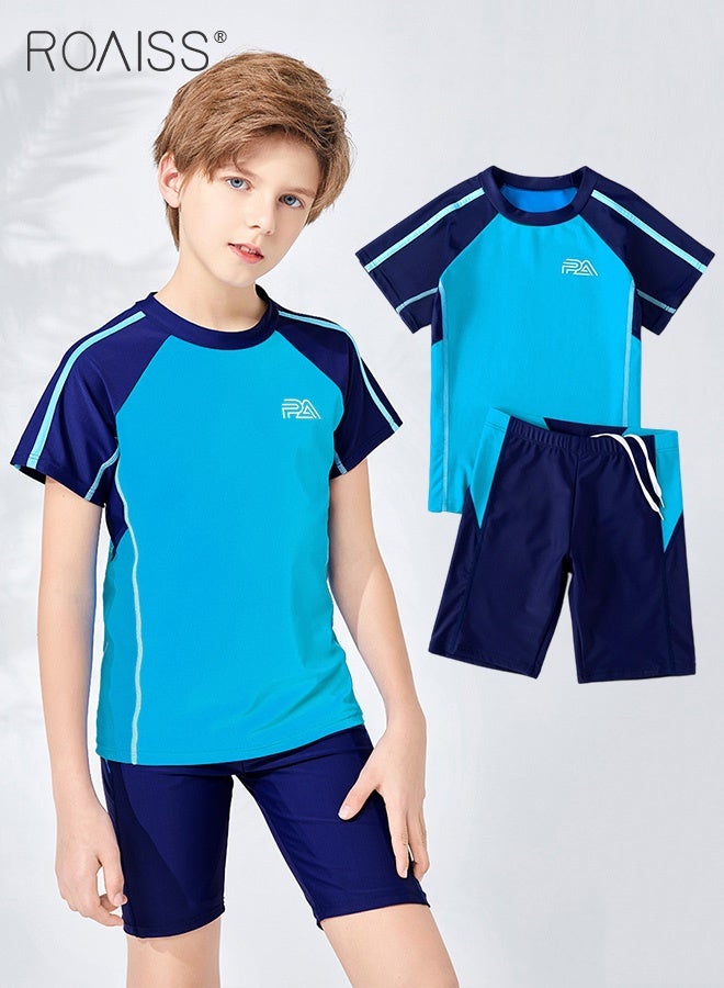 roaiss 2-Piece Patchwork Contrasting Swimsuit Boys Beach Pool Short-Sleeved T-Shirt And Drawstring Shorts Set Swimsuit  - Image 1